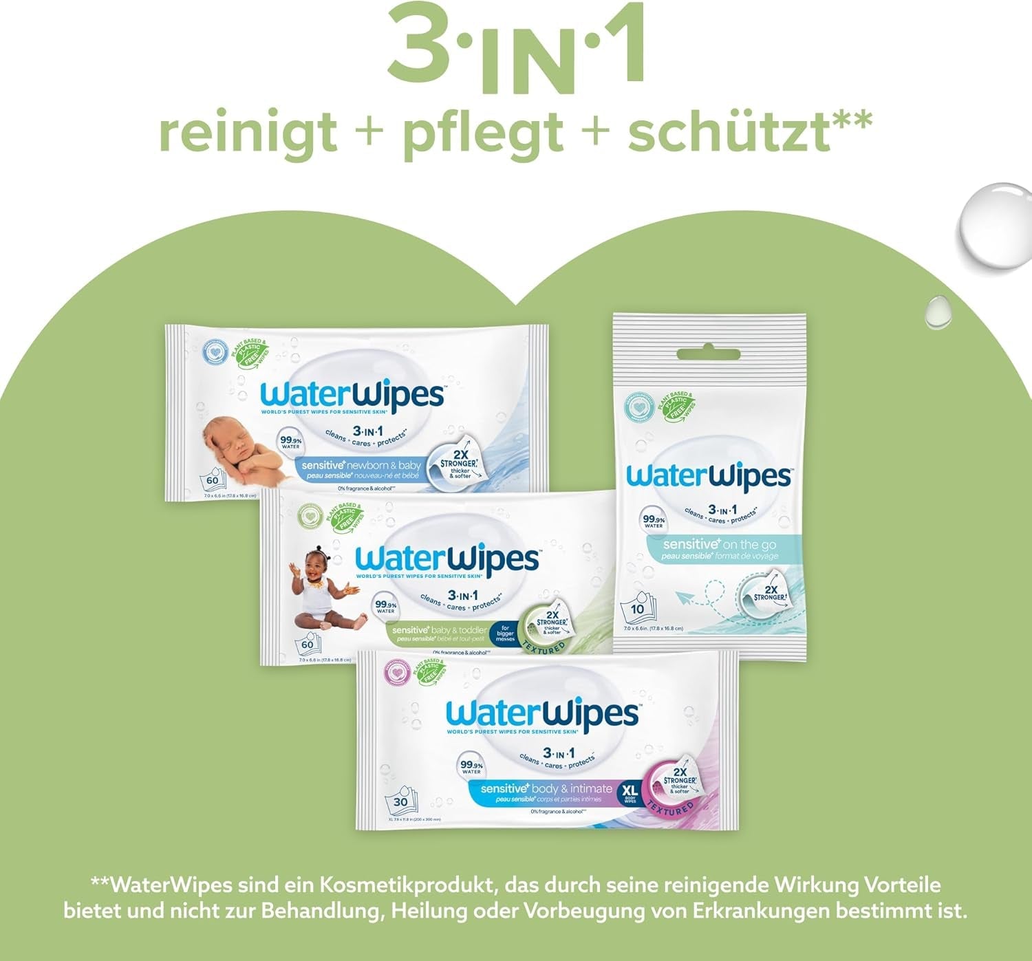 WaterWipes Sensitive+ Feuchttücher für Babys und Kleinkinder, 720 Stück (12er-Pack), 3-in-1-Reinigung, Pflege, Schutz, 99,9 % Wasser, strukturierte Reinigung, parfümfrei