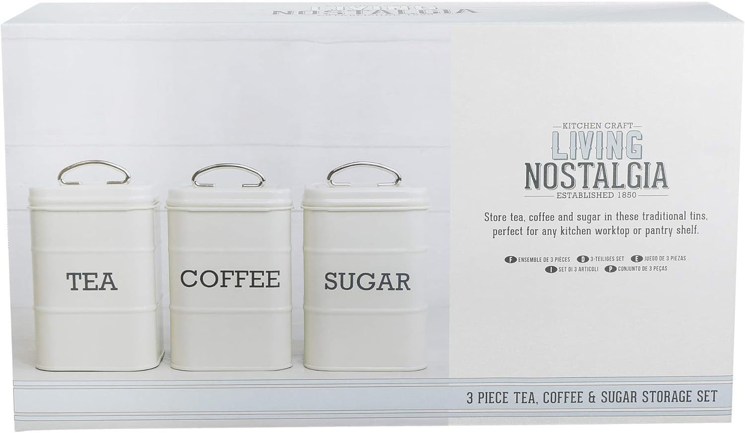 KitchenCraft Living Nostalgia Set mit 3 Vorratsdosen für Tee, Zucker und Kaffee in Geschenkbox, Stahl, Antikcreme, 11 cm x 11 cm x 17 cm, Vintage-Blau. Aufbewahrungsboxen für Lebensmittel von Naty Shop