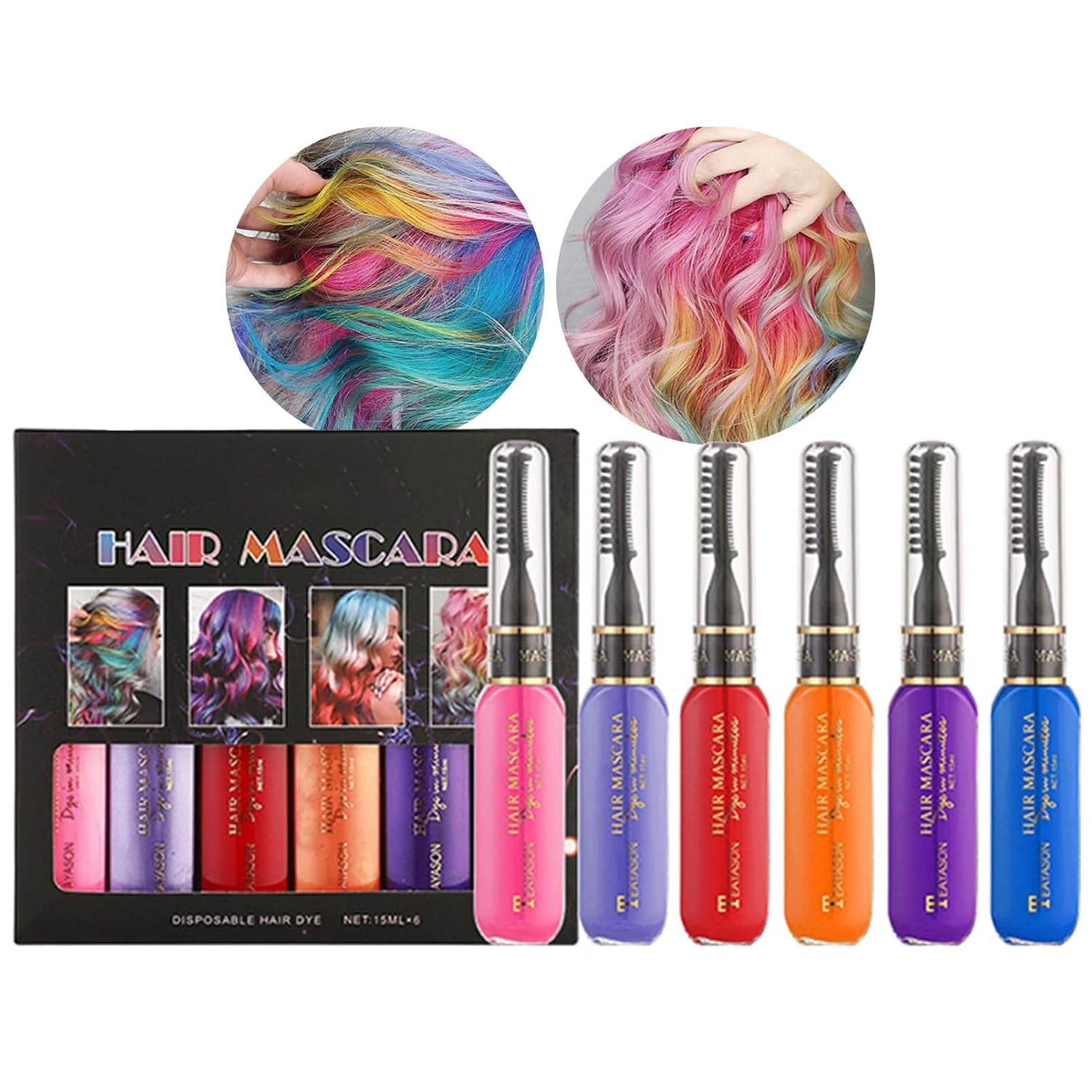 Sofortige Haarfarbe, 6 Farben, temporäre Haar-Mascara für Mädchen und Frauen, waschbare Haarkreide, Regenbogen-Haar-Mascara, Haarfarbe für Karneval, Halloween, Cosplay, Party, Geburtstag (A), Naty Shop Haarfarbe A, 90 ml (1 Packung)
