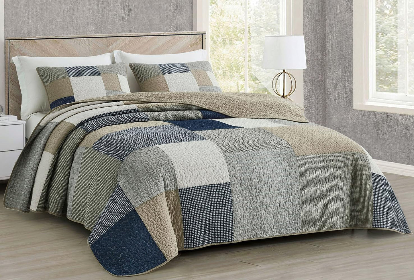 Chezmoi Collection Addy Patchwork-Steppdecken-Set, vorgewaschene Baumwolle, leicht, wendbar, ganzjährig, übergroß, 3-teilig, Marineblau, Weiß, Grau, Taupe, karierte Steppdecken und Steppdecken, Naty Shop, kariertes Patchwork, Taupe, Übergröße, King-Size-Größe