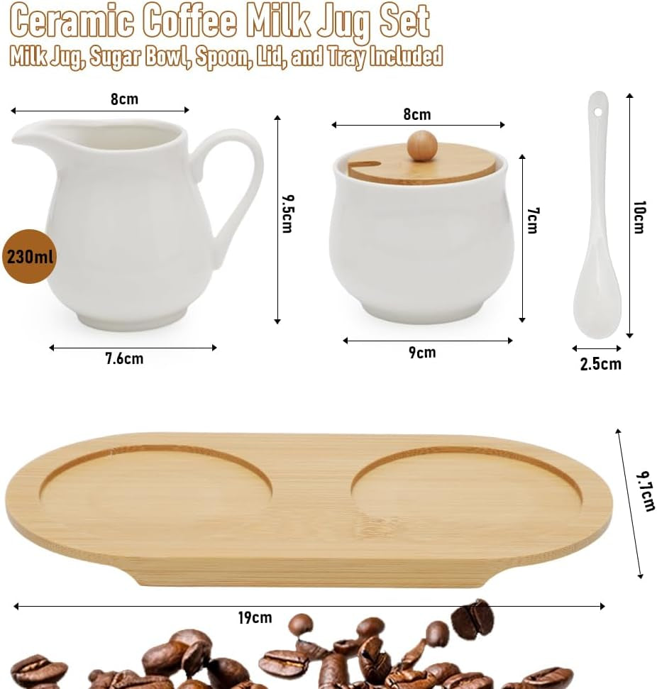 Milch- und Zuckerset mit Deckel und Löffel, 5-teiliges Keramik-Milchkännchen und Zuckerbehälter mit Holztablett, Milch- und Zuckerbehälter für Küche, Kaffee, Mikrowelle und Geschirrspüler (weiß)