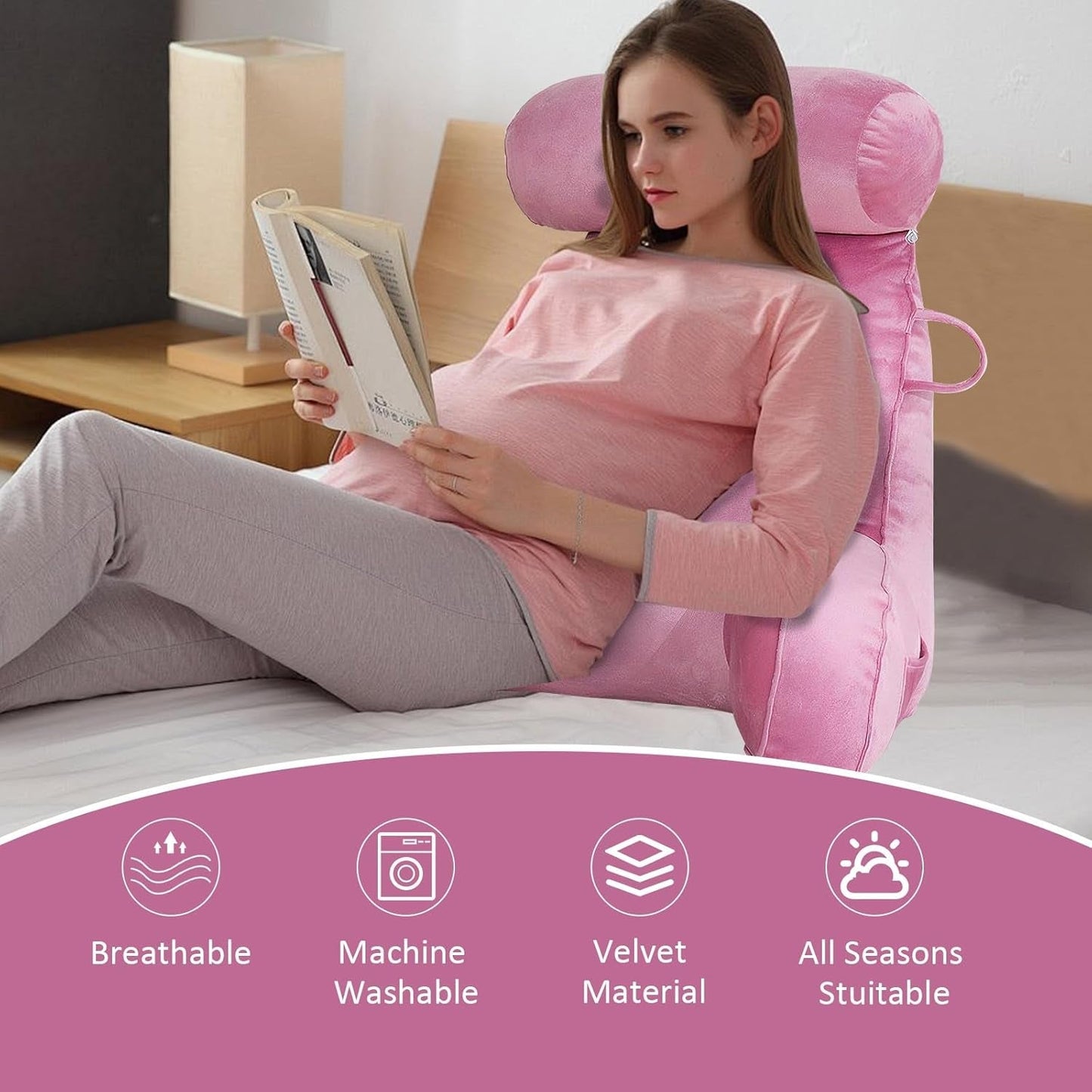 XL-Lesekissen für Bett und Sofa mit abnehmbarer Nackenrolle, ideales Rückenkissen für Erwachsene mit Memory-Schaum für bequemes Lesen, Arbeiten, Spielen, Fernsehen, Entspannen (Pink)