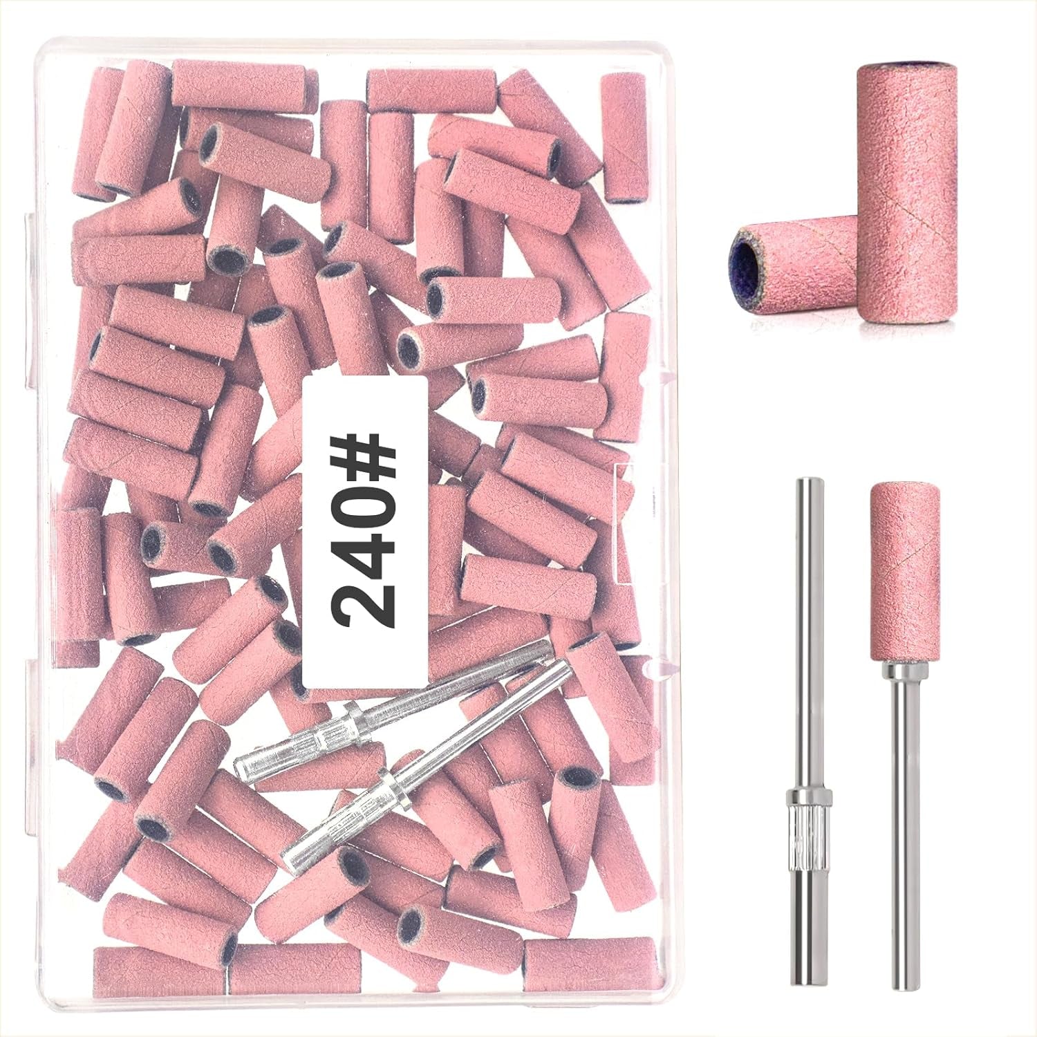 BLESWIN 100 Stück kleine Schleifbänder für Nagelbohrer, feine Körnung 240 mit 2 Stück 3-mm-Bohrern, Mini-Schleifbänder zum Polieren natürlicher Nägel und Reinigen der Nagelhaut zur Vorbereitung, Pink