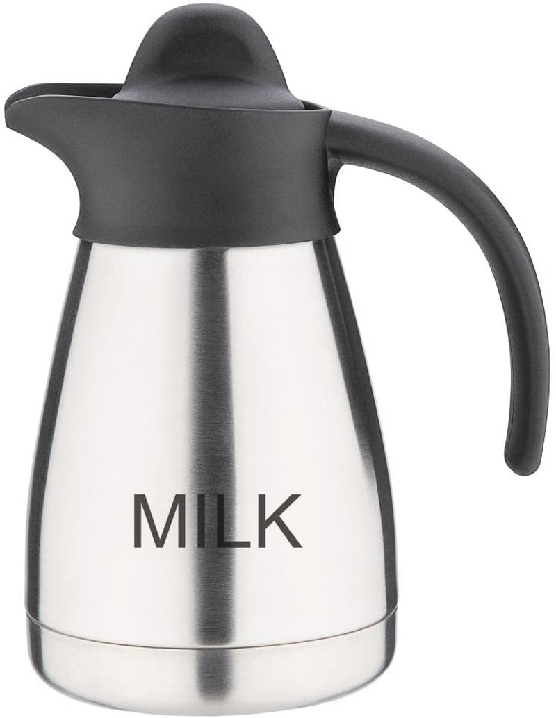 Olympia Vakuum-Milchbecher mit Schraubverschluss, 500 ml/17 oz, Edelstahl mit schwarzem Deckel, seitlicher Milchaufdruck, Buffetstationen für Tee und Kaffee, CL371