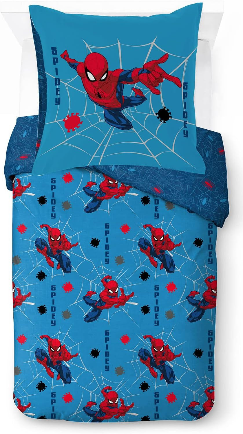 Bettwäsche für Kinder, Disney-Figuren, 100 % Baumwolle Bettwäsche – Kinder Naty Shop Blau – Spiderman 135X200/80X80 (2 Stück)