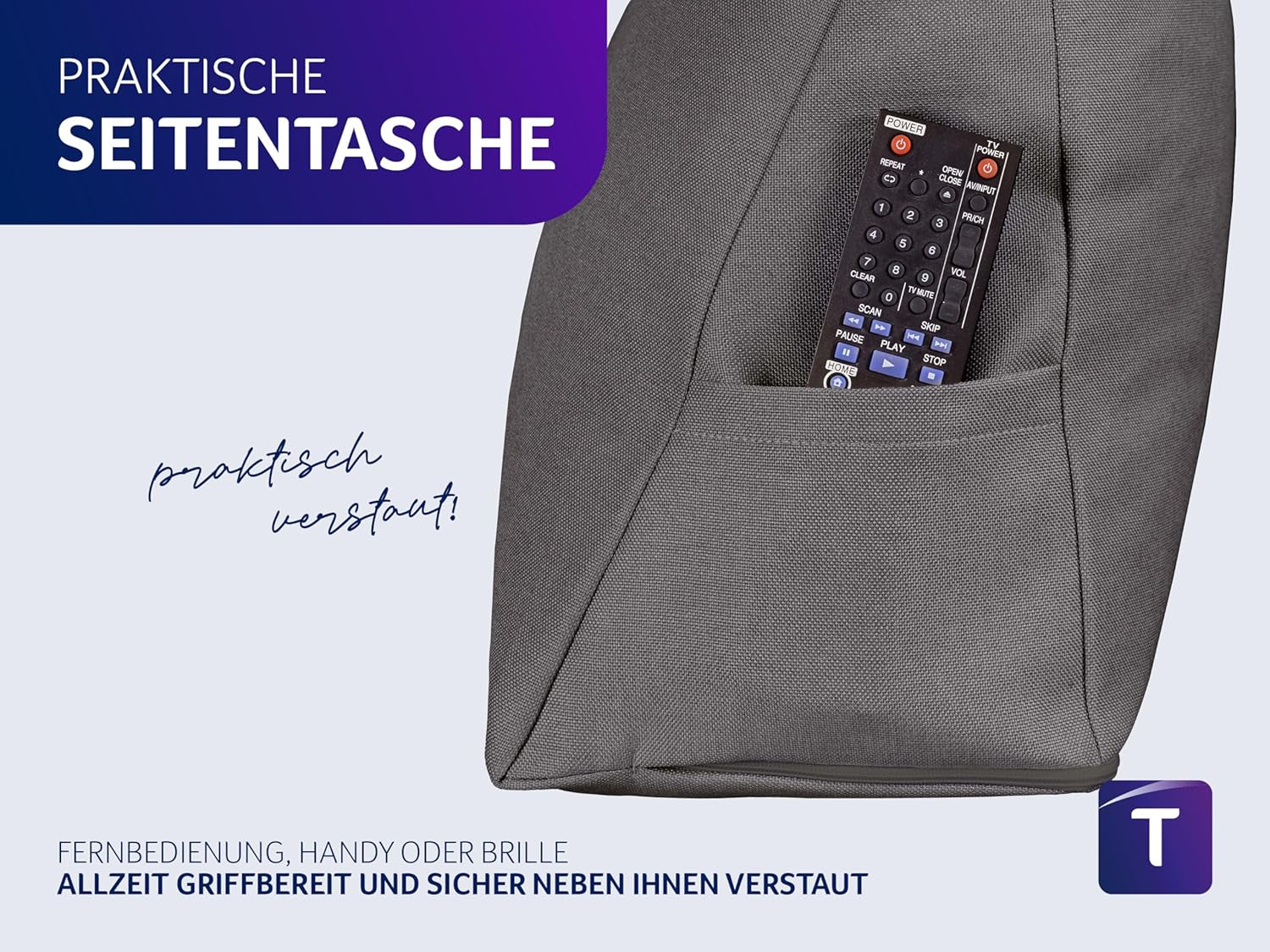Lesekissen Traumnacht Kuscheliges Rückenkissen, 70 x 40 cm dunkelgrau, abnehmbarer und waschbarer Bezug aus 100 % Polyester, praktische Seitentasche, Öko-Tex zertifiziert, nach deutschen Qualitätsstandards produziert