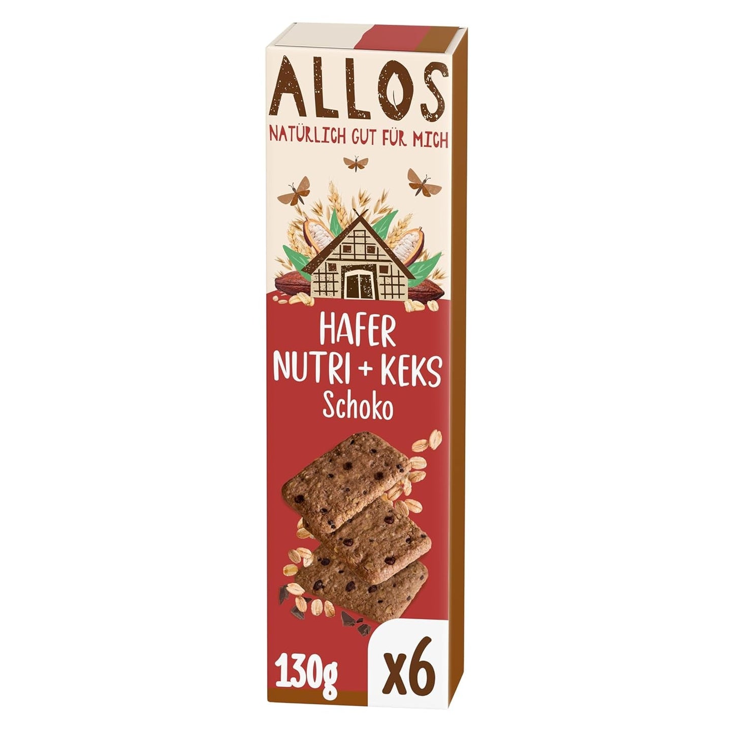 Kekse mit Haferflocken und Bio-Schokolade Allos | Knuspriger Vollkorn-Hafer-Schokoladenkeks | Mit Honig 6 x 130 g süßen