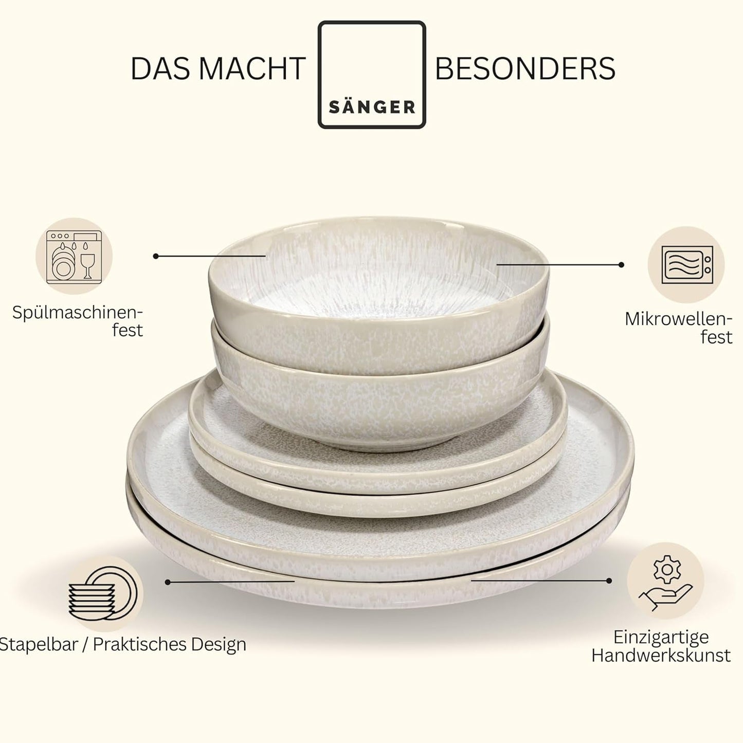 SANGER | 24-teiliges Korfu-Geschirrset Tafelservice für 8 Personen Handgefertigtes Keramik-Geschirrset inklusive Speisetellern, Desserttellern und Suma-Tellern. Cremefarbenes Geschirr mit sandiger Textur