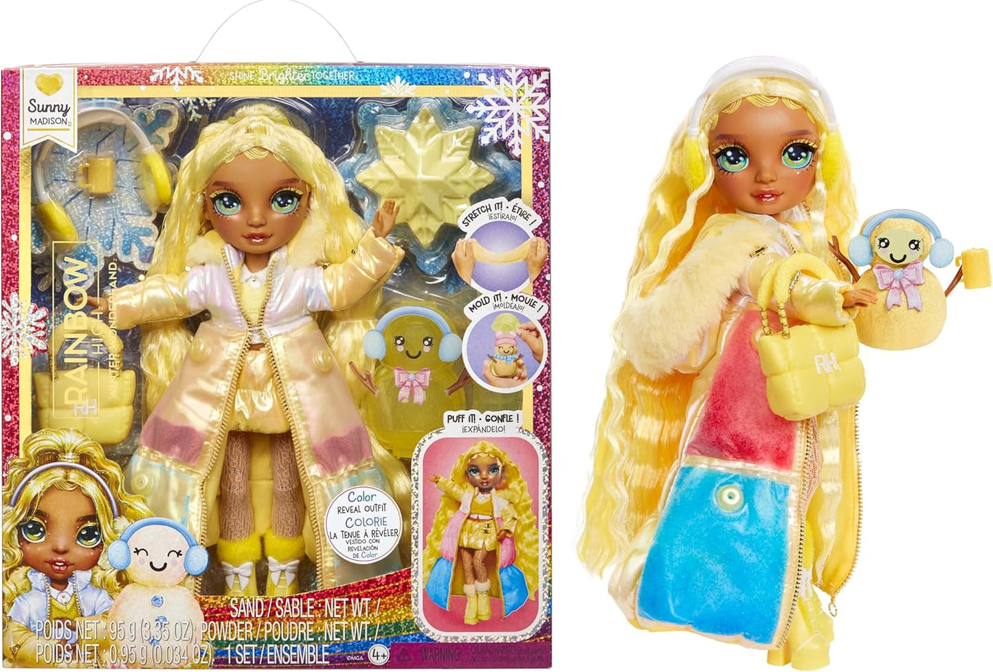 Rainbow High Winter Wonderland – Sunny (Gelb) – 28 cm große versteckte magische wasseraufblasende Schneemann-Modepuppe mit Schneemann-Set, geeignet für Kinder im Alter von 4–12 Jahren und Sammler