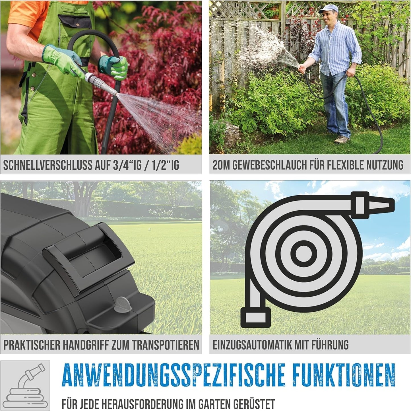Automatischer Schlauchaufroller Güde 20-2-2 1/2 (zur Wandmontage, 180° drehbar, 20 m Schlauch, Wasserbrause, Wandhalterung, Einzugsautomatik, Einzugssperre, Transportgriff, 2 Schnellkupplungen)