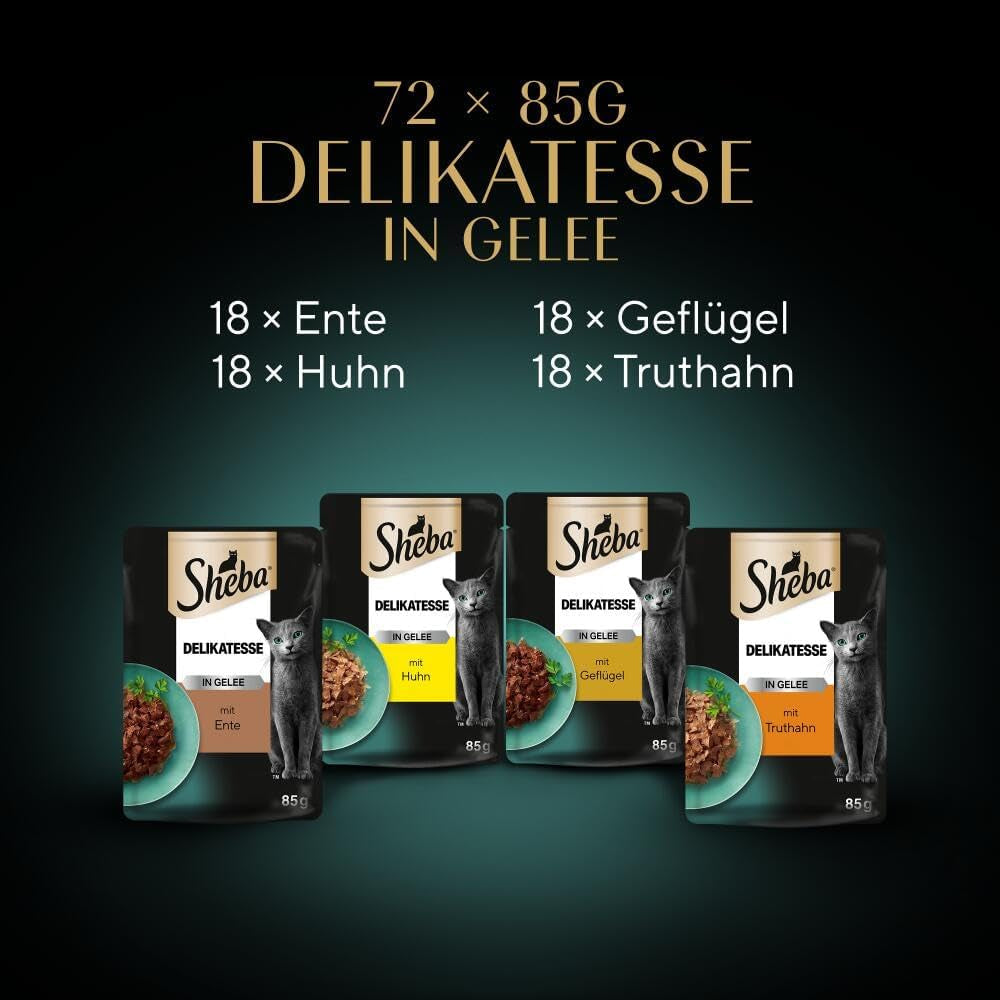 SHEBA Nassfutter für Katzen – 72 Beutel x 85 g – Geflügelsorte in Gelee – Nassfutter für Katzen – 1 große Packung