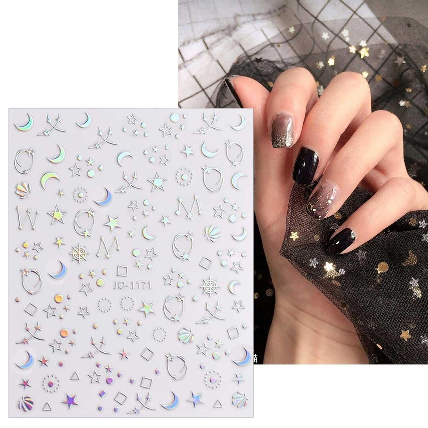 JMEOWIO Nagelsticker Aurora Holografisch 9 Blatt Nagelaufkleber Selbstklebend Herz-Flamme Spielt Schmetterlings-Mond Die Steuern Nail Art Sticker Dekoration Nageldesign Zubehör