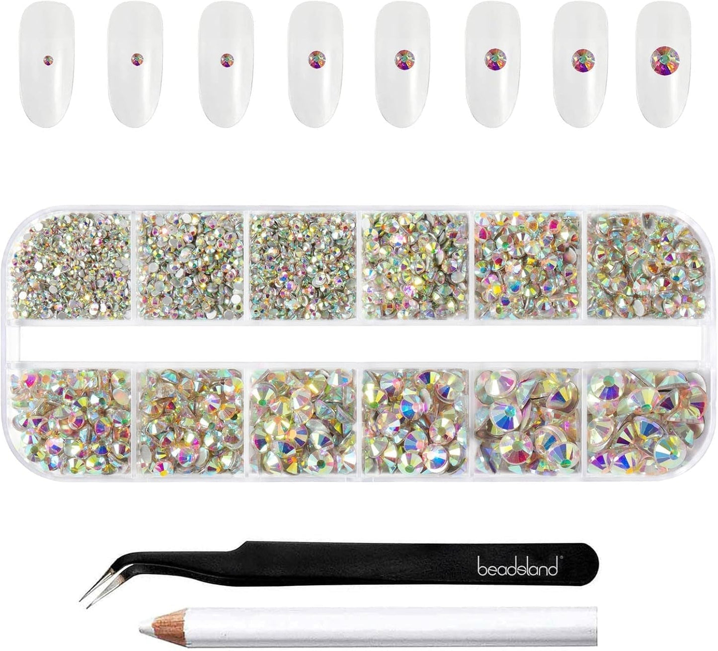 Beadsland 2500 Stück Glas Nailart Strasssteine ​​​​Kristall Flatback Edelsteine ​​​​Runde, ​​Für Handwerk Gemischt 8 Größen SS4 ~ SS30 Mit Picking Pinzette Und Stift (Kristall Weiß)