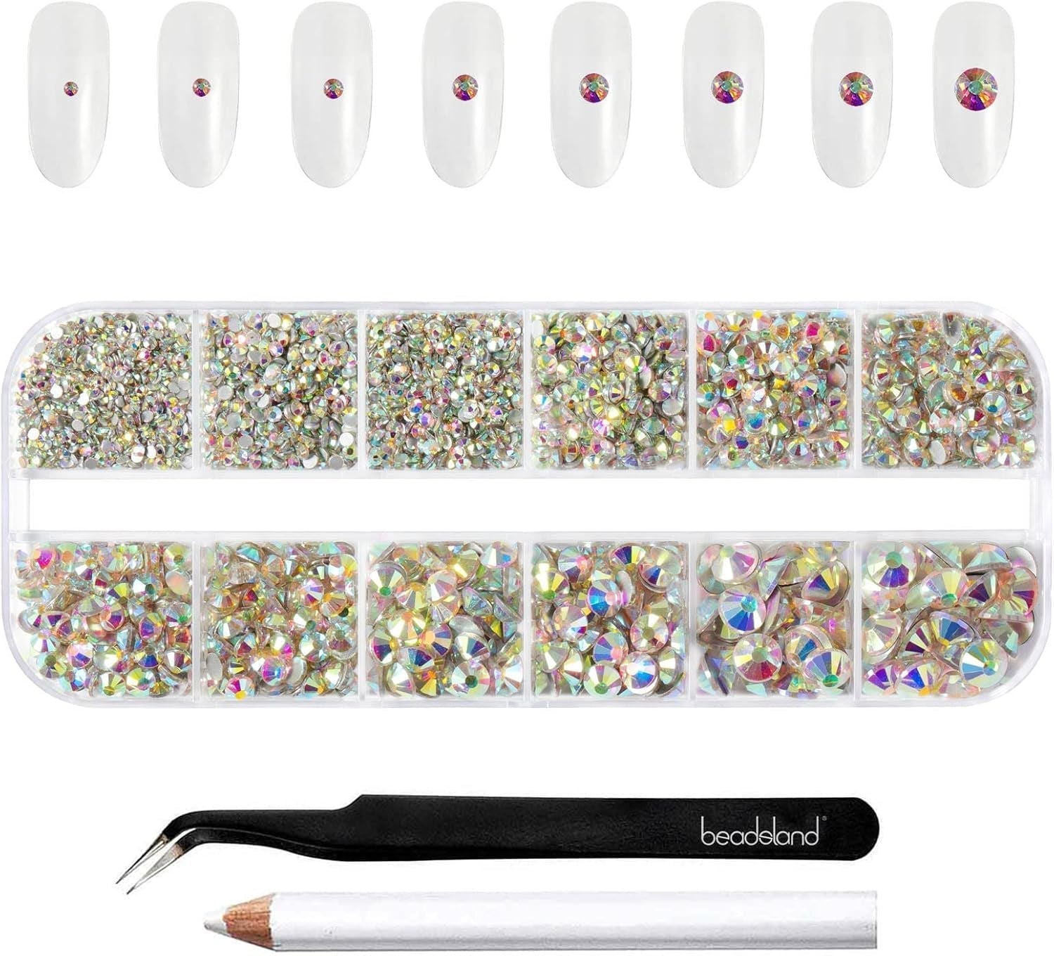 Beadsland 2500 Stück Glas Nailart Strasssteine ​​​​Kristall Flatback Edelsteine ​​​​Runde, ​​Für Handwerk Gemischt 8 Größen SS4 ~ SS30 Mit Picking Pinzette Und Stift (Kristall Weiß)