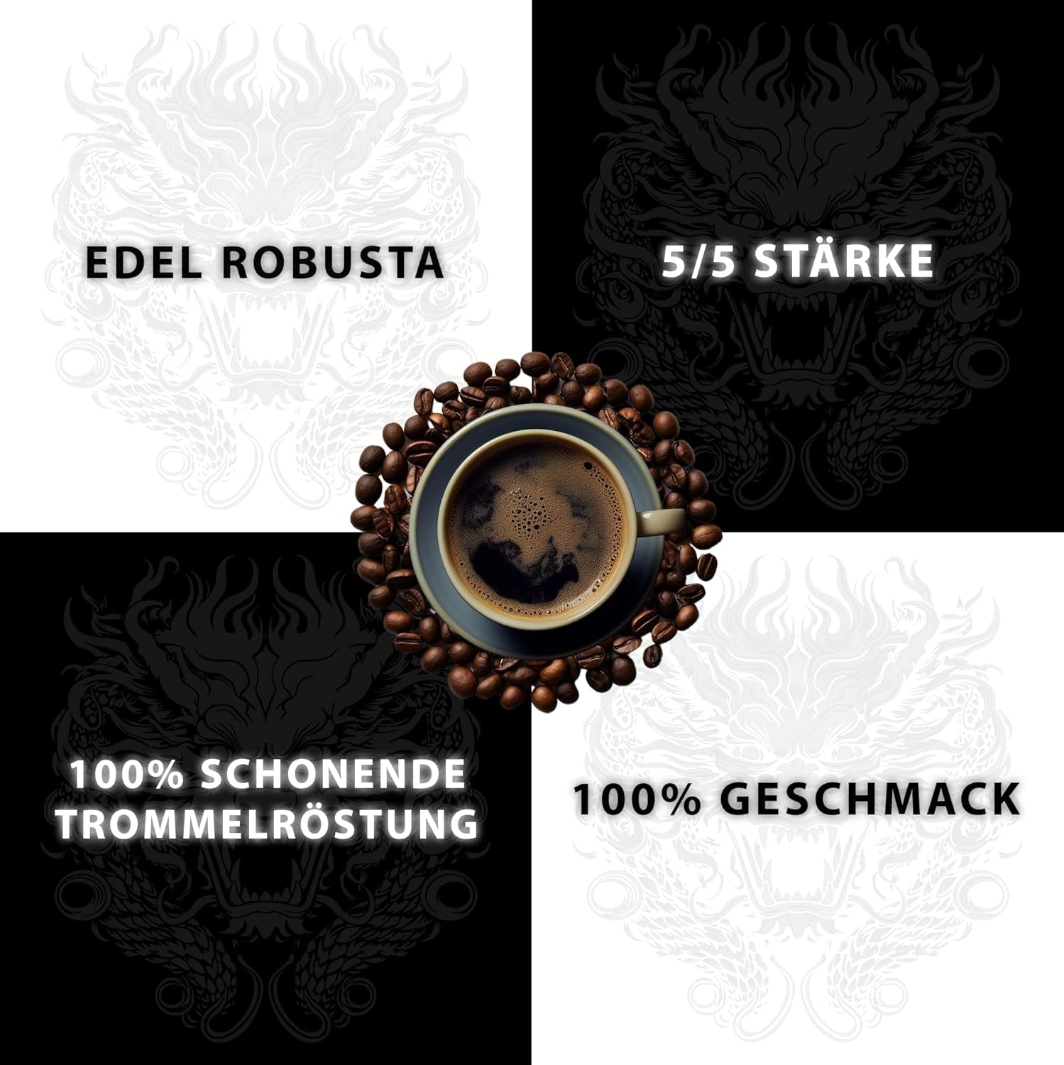 Black Dragon Espresso 100 % Robusta – Extra stark geröstete Kaffeebohnen – Sehr kräftiger und vollmundiger Kaffee mit hohem Koffeingehalt – Sehr starker Espresso