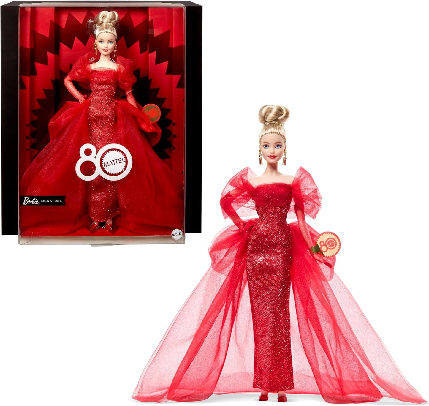 Barbie Signature-Puppe zum 80-jährigen Jubiläum von Mattel, Sammlerfigur in funkelndem roten Tüllkleid mit tropfenförmigen Ohrringen und zarten Handschuhen, blondes Haar, JBJ17