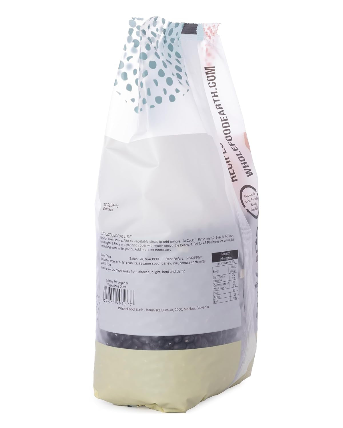 Schwarze Bohnen Wholefood Earth 1 kg gentechnikfrei Natürlich reich an Ballaststoffen und reich an Proteinen
