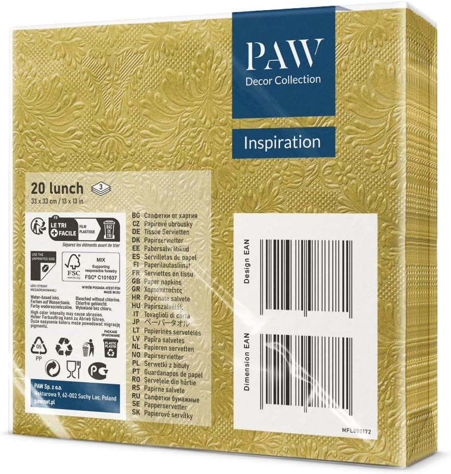 PAW – 3-lagige Servietten (33 x 33 cm) I 20 Stück I Perfekt für Geburtstage, Partys, Hochzeiten, Kommunionen und Feiertage I Farbige Papierservietten – besondere Anlässe, Ornamente I Inspiration Classic (Gold)