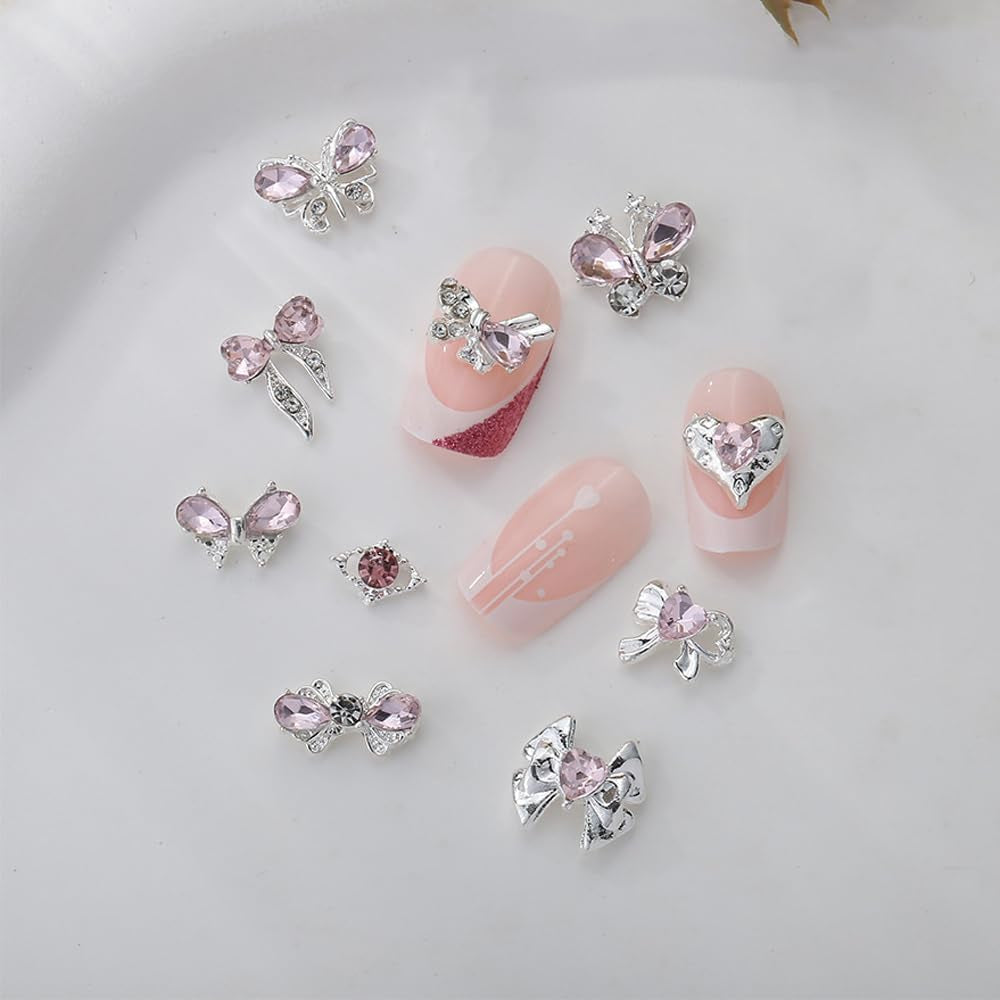 Luxus Rosa Diamant Nagel Charms 3D Butterfly Nail Art Charms Bow Nail Charms Y2K Heart Charms Nägel Zubehör Schmetterling Herz Schleife Nageldesign Edelsteine ​​​​Strasssteine ​​​​Glitzersteine ​​​​Nagelschmuck