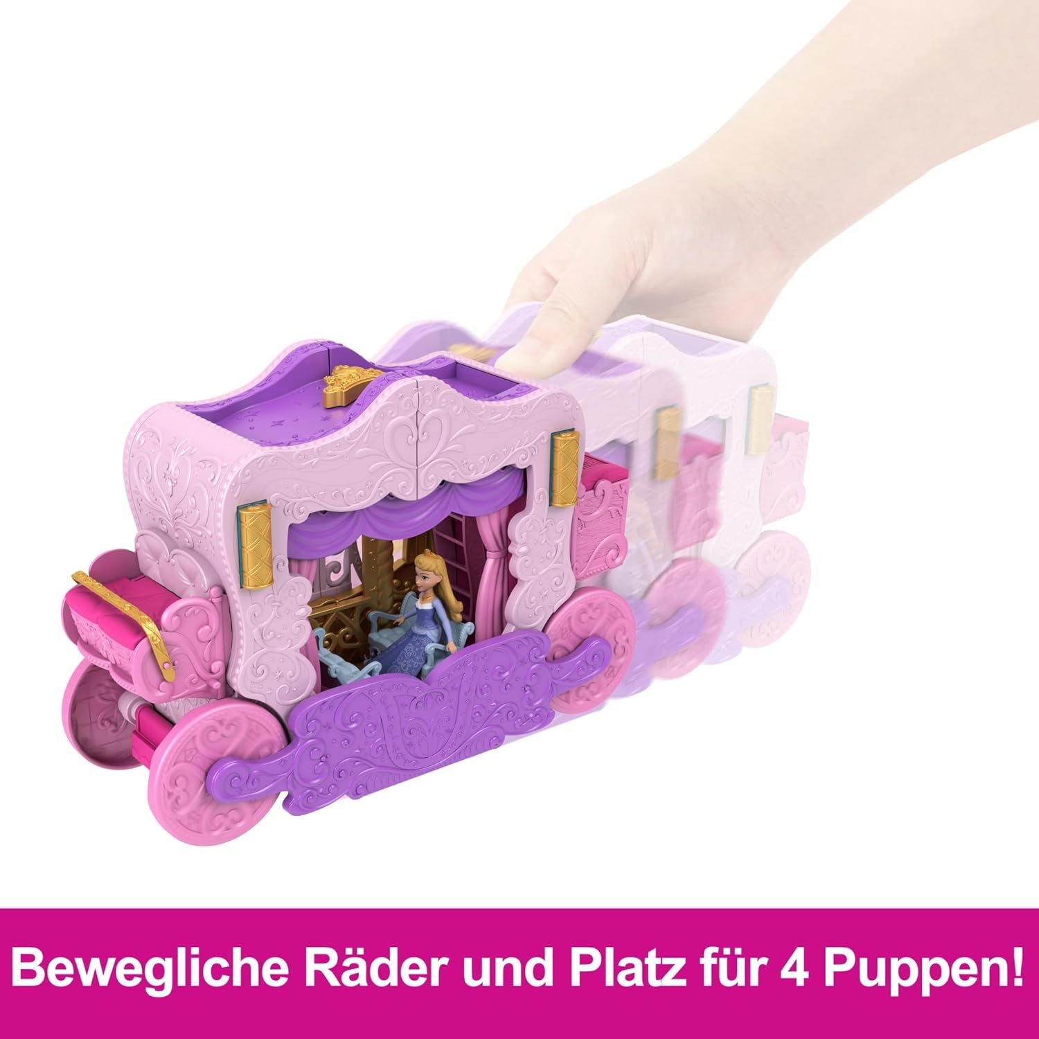Mattel Disney Princess Verwandlungsspielset „Kutsche zum Schloss“ mit Aurora-Minipuppe, 3 Ebenen, 6 Spielbereiche, 4 Figuren, Möbel und Zubehör HWX17
