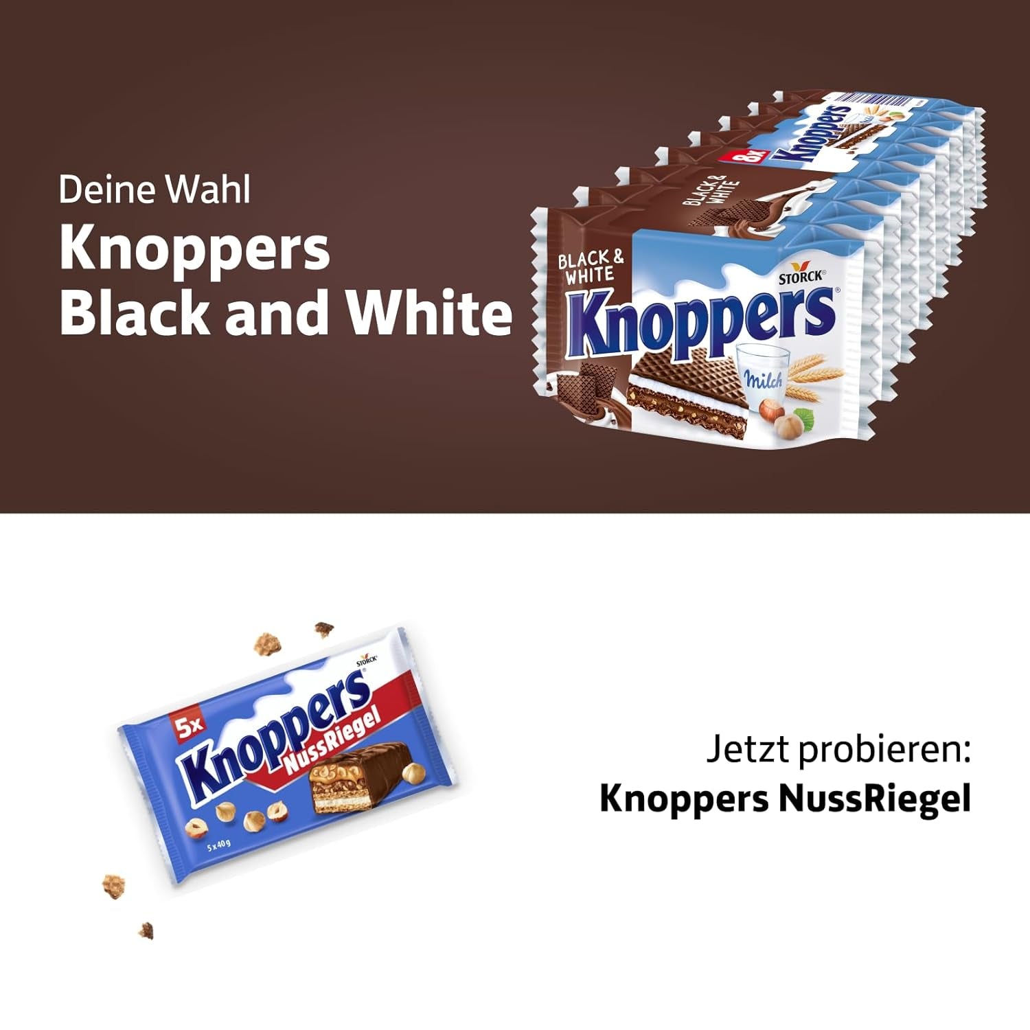 Weiße und schwarze Knoppers – 8 x 25 g – Waffelscheiben gefüllt mit dunklen Kakaowaffeln, schwarzen Keksstücken, Milch und Nougatcreme
