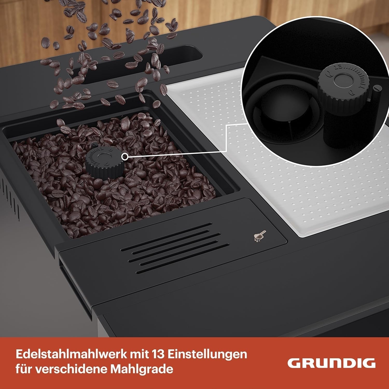 GRUNDIG KVA 6230 Espressovollautomat mit Milchaufschäumer, Edelstahlmahlwerk mit 13 Mahlstufen, Bohnenbehälter 250 g, abnehmbarer Wassertank 2 Liter, Pumpendruck 19 bar, Touch-Display, schwarz