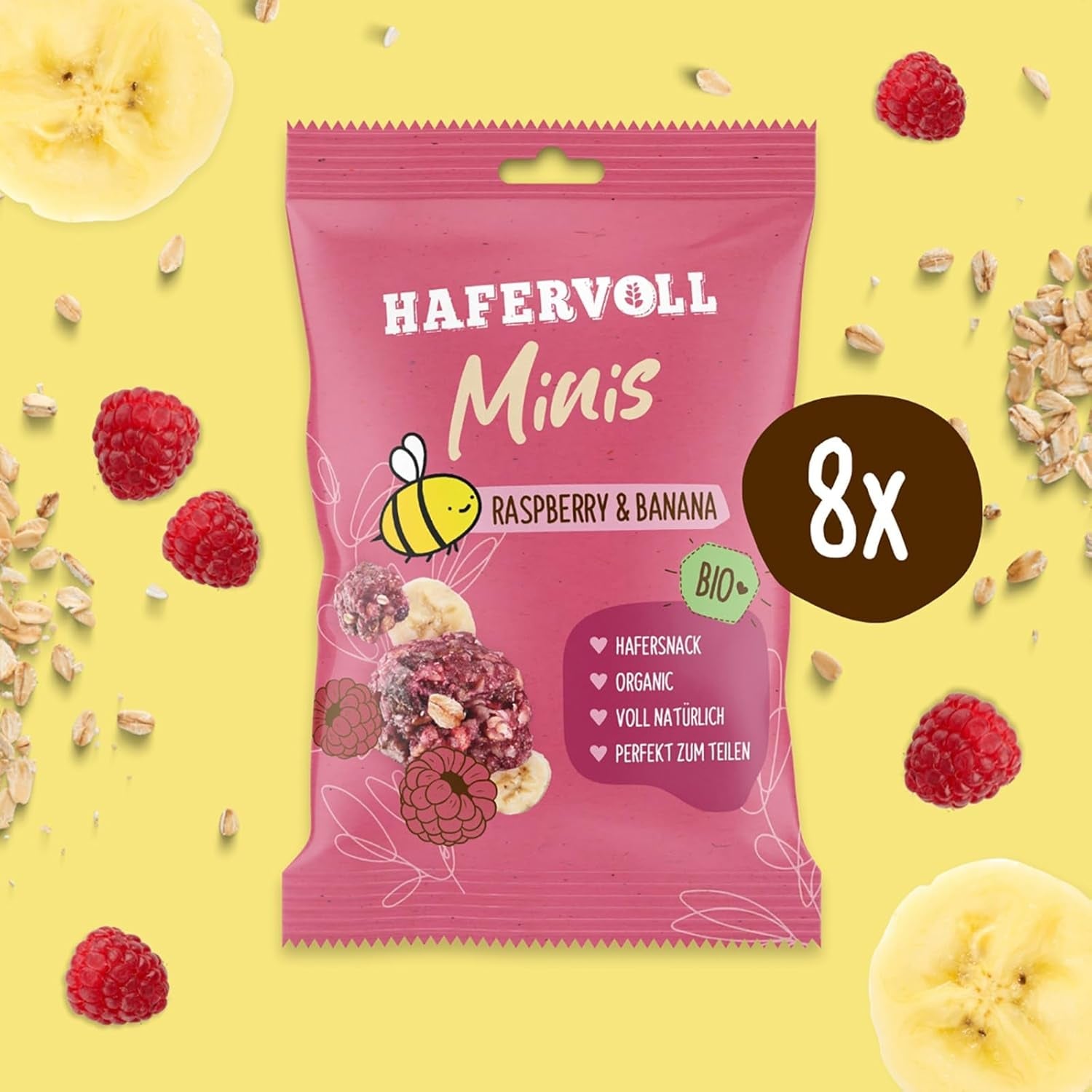 HAFERVOLL Minis Raps und Banane 8x 65g - Bio-zertifiziert, mit Honig, ohne Zuckerzusatz, perfekt zum Teilen