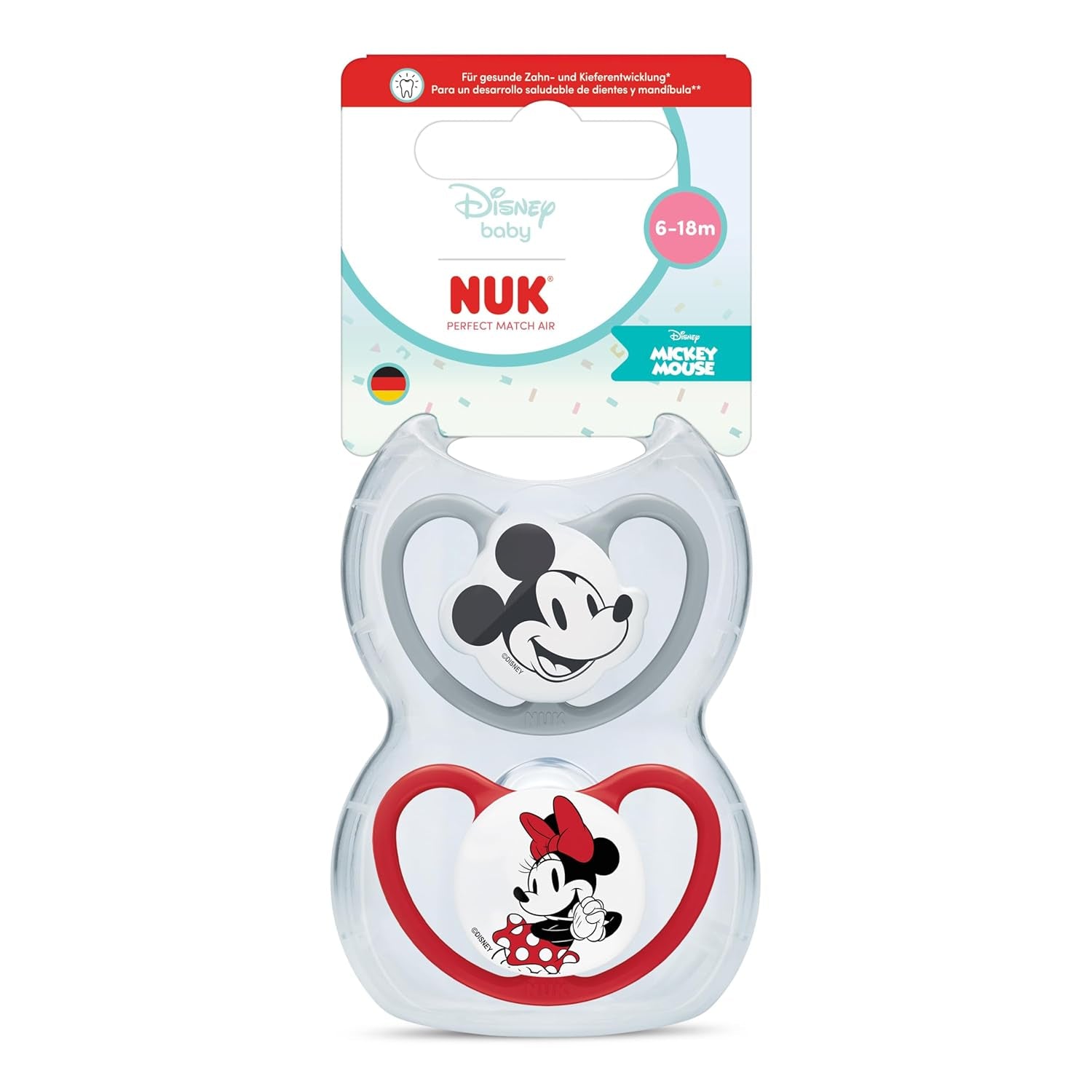 NUK Perfect Match Luftschnuller für Babys | 6-18 Monate | Kieferorthopädische Schnuller, die die Luftzirkulation fördern und durch Speichel verursachte Hautausschläge verhindern | 95 % Akzeptanz bei Babys** | Disney Minnie Maus | 2 Stück
