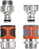 Gardena 39042-M Metall-Schnellkupplungs-Starterset für Gartenschläuche, Schnellkupplungen und Zubehör in Sekundenschnelle, 4-teilig, inklusive auslaufsicherer Adapter für Stecker und Steckdose
