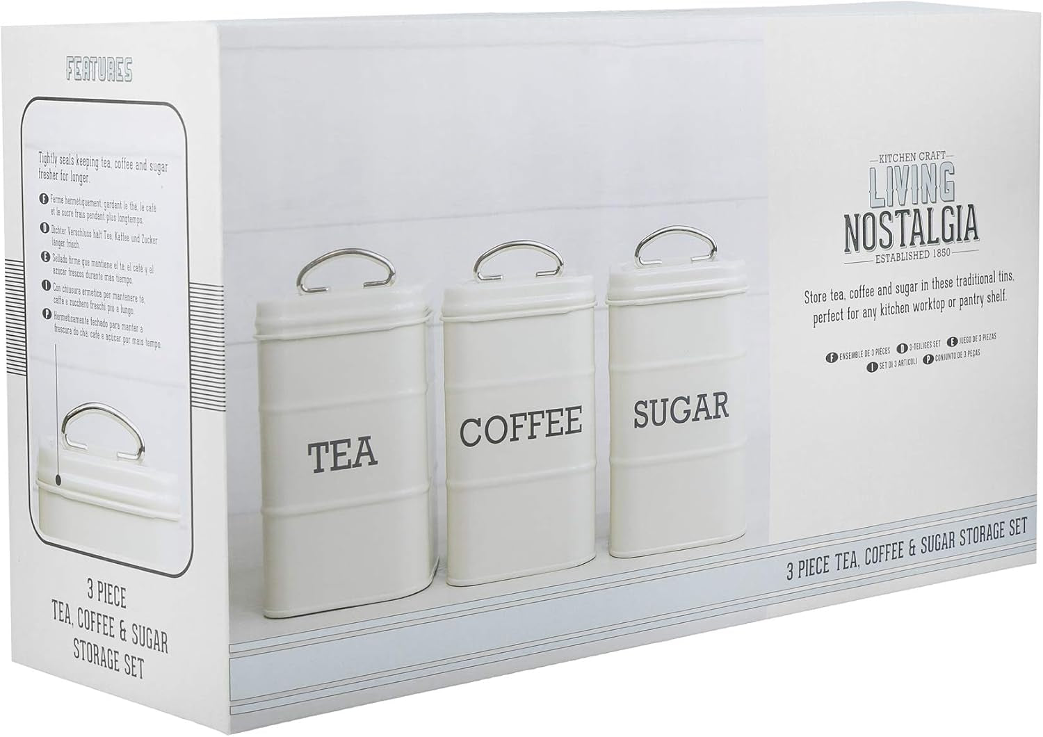 KitchenCraft Living Nostalgia Set mit 3 Vorratsdosen für Tee, Zucker und Kaffee in Geschenkbox, Stahl, Antikcreme, 11 cm x 11 cm x 17 cm, Vintage-Blau. Aufbewahrungsboxen für Lebensmittel von Naty Shop