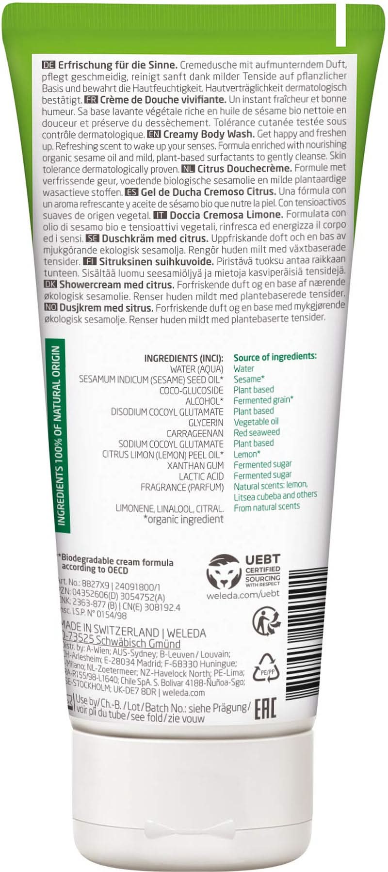 WELEDA Organic Refresh Duschgel Vegan, Unisex-Duschgel, Zitronen-/Orangengeschmack, 200 ml Naty Shop