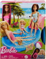 Barbie-Puppe und Zubehör – Pool mit Rutsche und Zubehör für stundenlangen Spaß in der Sonne, rosa Badeanzug mit tropischem Design, für Kinder ab 3 Jahren, HRJ74