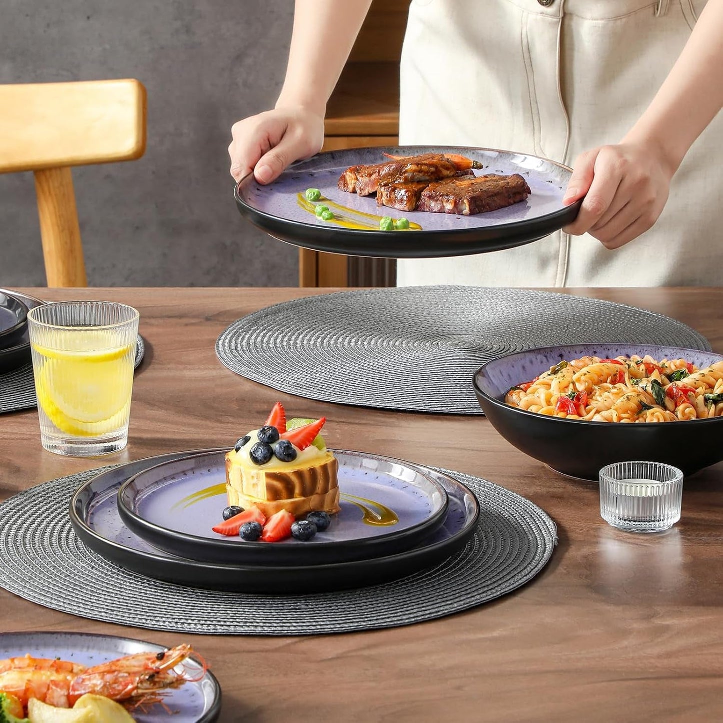 Steingut Geschirrset 6 Personen, vancasso AMBER Teller Set 6 Personen, Tafelservice 24tlg mit Speiseteller, Dessertteller, Suppenteller, Schüssel, Reaktive Glasur, Abendviolett, Spülmaschinenfest