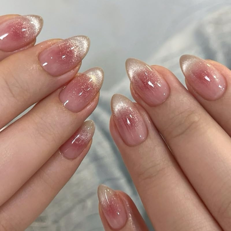 Mouyouglow Kurze magnetische künstliche Nägel, rosa mandelroter Farbverlauf, glitzerndes Katzenauge mit Kleber, rosa rote Ombre-Glitzer-Phototherapie-künstliche Nägel für Frauen und Mädchen