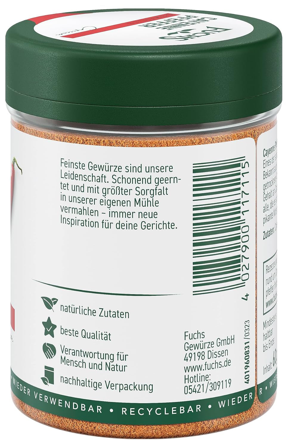Fuchs Gewürze – Cayennepfeffer gemahlen – für einen scharfen Geschmack in Gerichten aller Art – natürliche Zutaten – 60 g in wiederverwendbarer, recyclebarer Dosis
