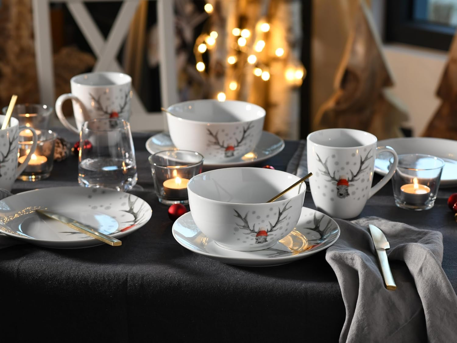 CreaTable, 21498, Serie Luna Hirsch, 18-teiliges Geschirrset für 6 Personen, Frühstücksset aus Porzellan, spülmaschinen- und mikrowellenfest, hochwertige Herstellung