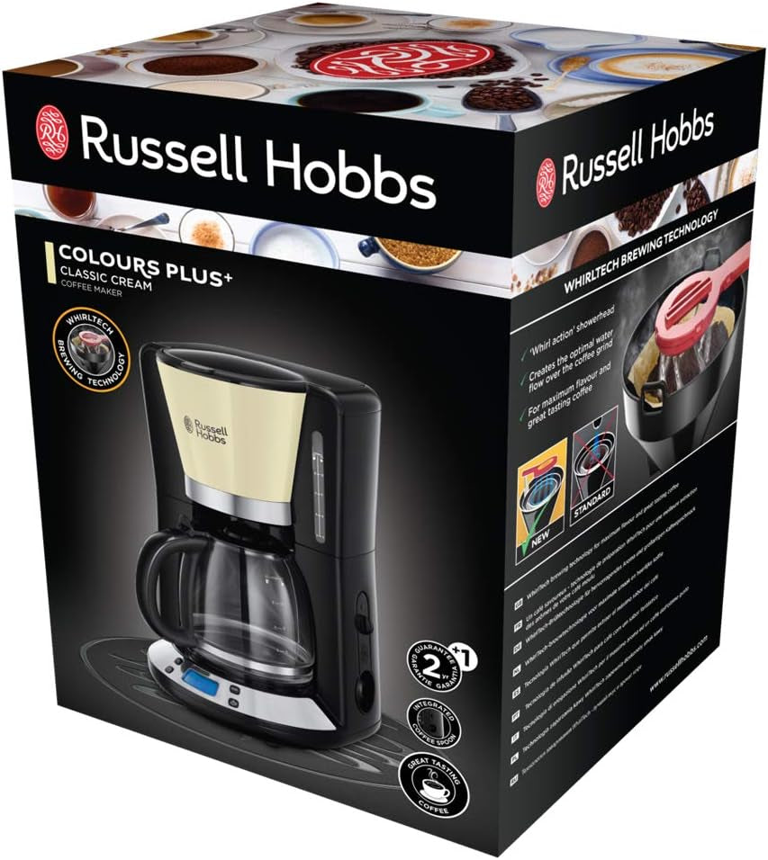 Russell Hobbs Kaffeemaschine [Digitaler Timer, Duschkopf für optimale Extraktion und Aroma] Colors+ Creme (1 bis 10 Tassen, 1,25 l Glaskaraffe, Heizplatte, 1100 W) Filterkaffeemaschine 24033-56