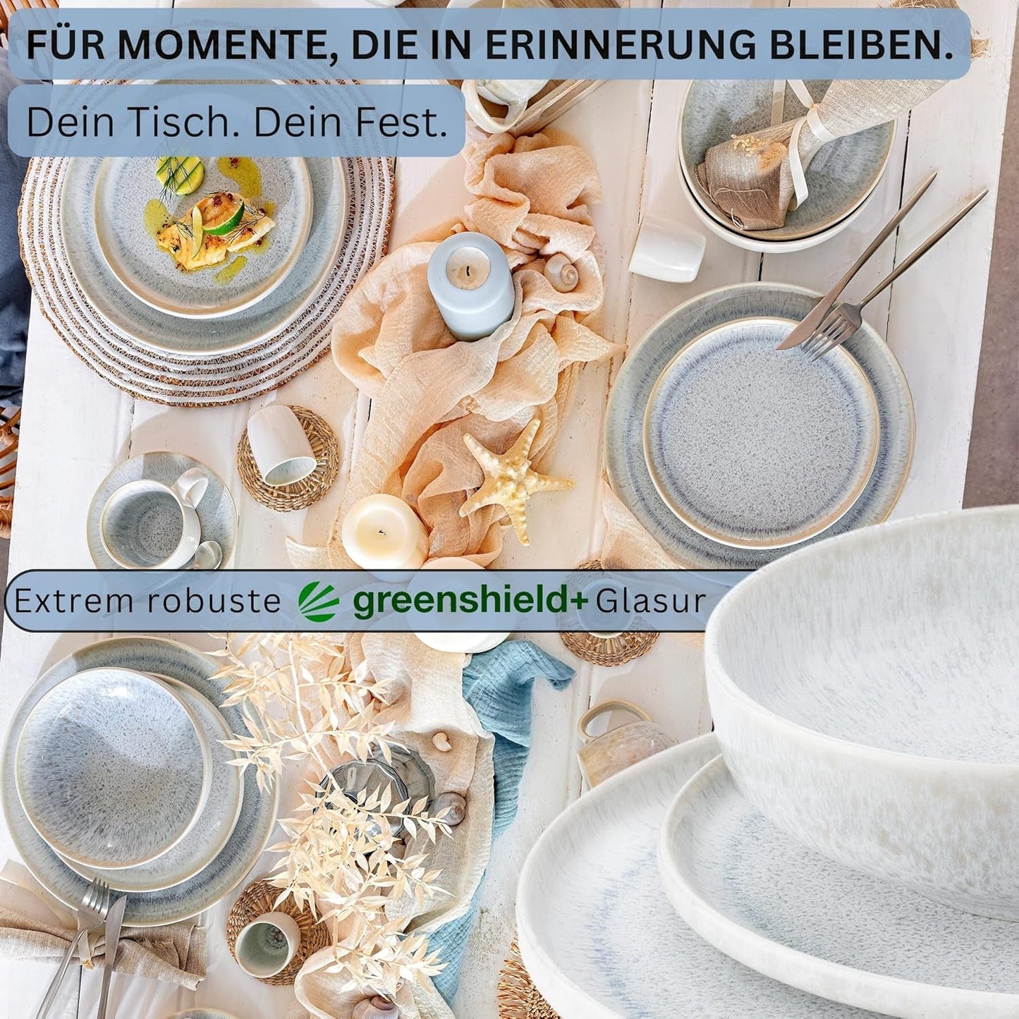 SANGER | 12-teiliges Santorini-Geschirrset, 4-Personen-Tellerset, SEHR GUT bewertetes Steinzeug-Geschirrset, einschließlich Speisetellern, Desserttellern und Suma-Tellern, Farbverlauf Creme-Flieder-Blau | DIE PREMIUM-KOLLEKTION