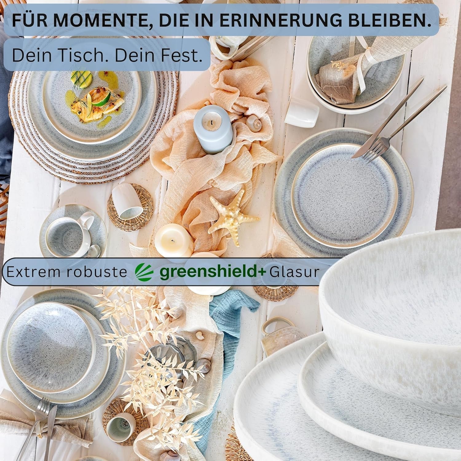 SANGER | 12-teiliges Santorini-Geschirrset, 4-Personen-Tellerset, SEHR GUT bewertetes Steinzeug-Geschirrset, einschließlich Speisetellern, Desserttellern und Suma-Tellern, Farbverlauf Creme-Flieder-Blau | DIE PREMIUM-KOLLEKTION
