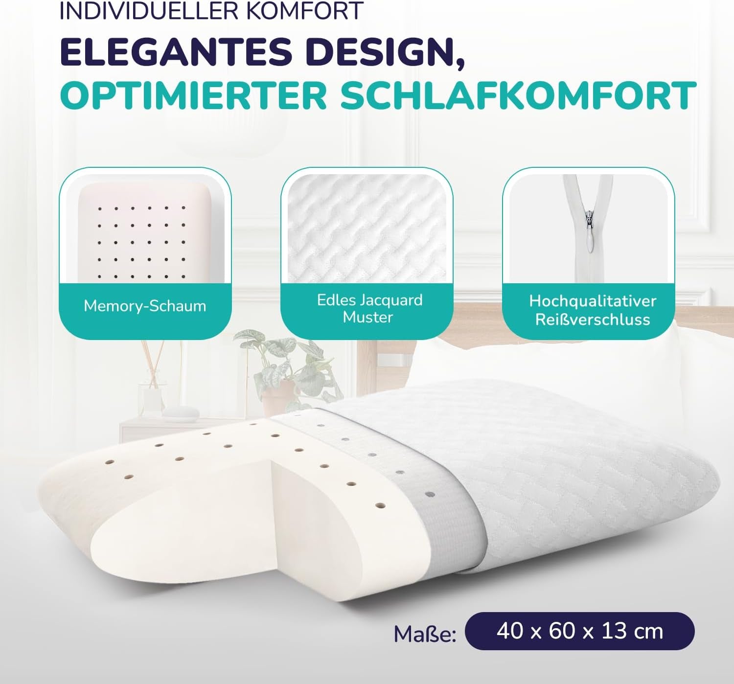 ZenPur Orthopädisches Nackenkissen 40 x 60–13 cm, Kopfkissen aus Memory-Schaum – ergonomisches Schlafkissen für Nacken und Schultern, Öko-TEX-zertifiziert