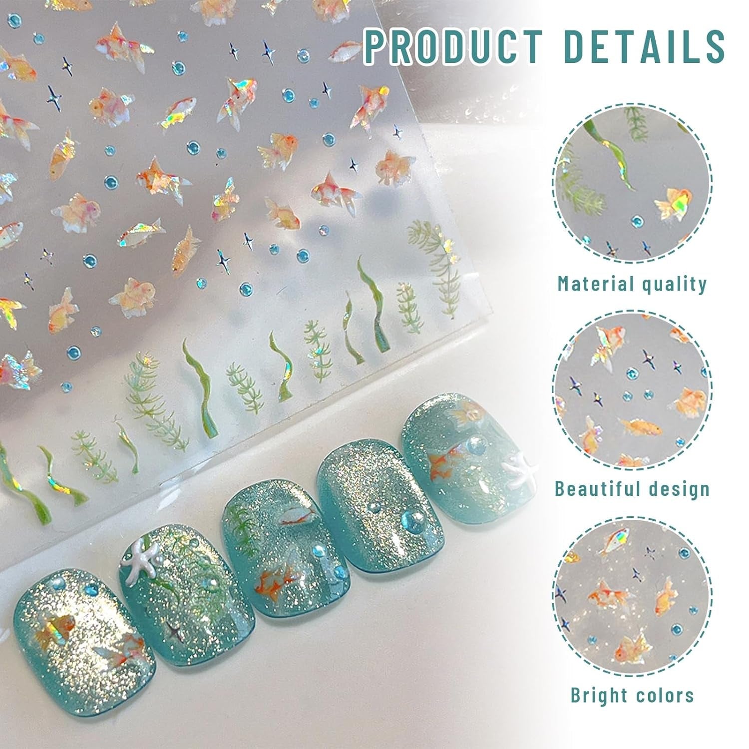 2 Stück selbstklebende Nagelsticker mit Muscheleffekt, Vierstrahlstern und Goldfisch-Design, Nagelaufkleber für Fingernägel, Nail Art Zubehör für Gelnägel