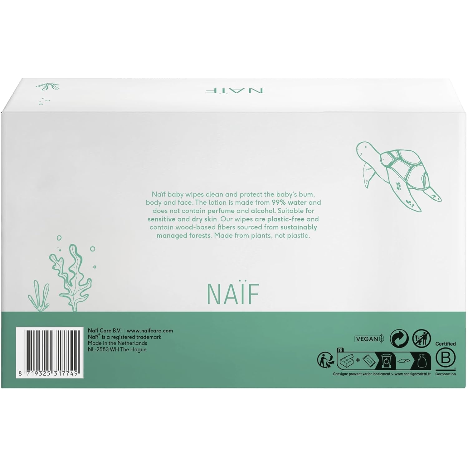 Plastikfreie Baby-Feuchttücher von Naïf, 432 Stück (8er-Pack x 54 Tücher) – Pflege für Babys Po, Körper und Gesicht – 99 % Wasser – 0 % Duftstoffe und Alkohol – Box mit nachhaltigen Feuchttüchern, empfindlicher Eukalyptus