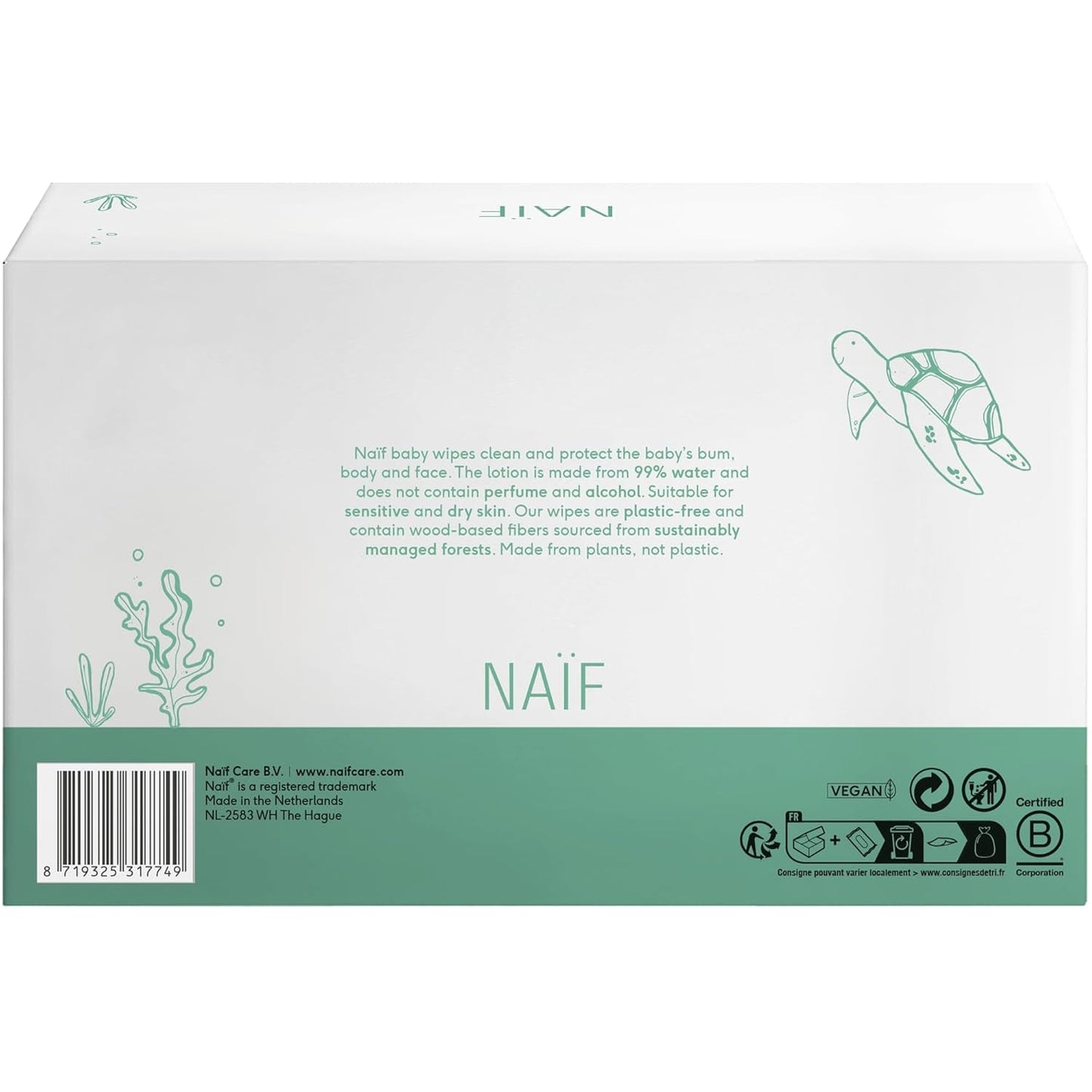 Naïf – Plastikfreie Feuchttücher – 864 Stück (16 Packungen à 54 Tücher) – Pflege für Babys Po, Körper und Gesicht – 99 % Wasser – 0 % Parfüm und Alkohol