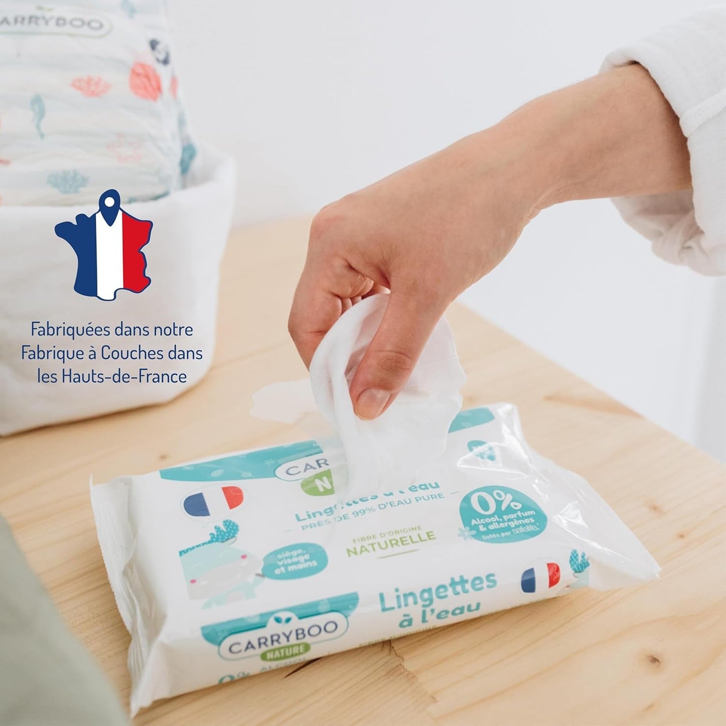 Baby-Feuchttücher mit Wasser – parfüm- und allergenfrei – 9 Stück – normale und empfindliche Haut – reinigt und beruhigt – 100 % Naturfasern – hergestellt in Frankreich – 522 Tücher