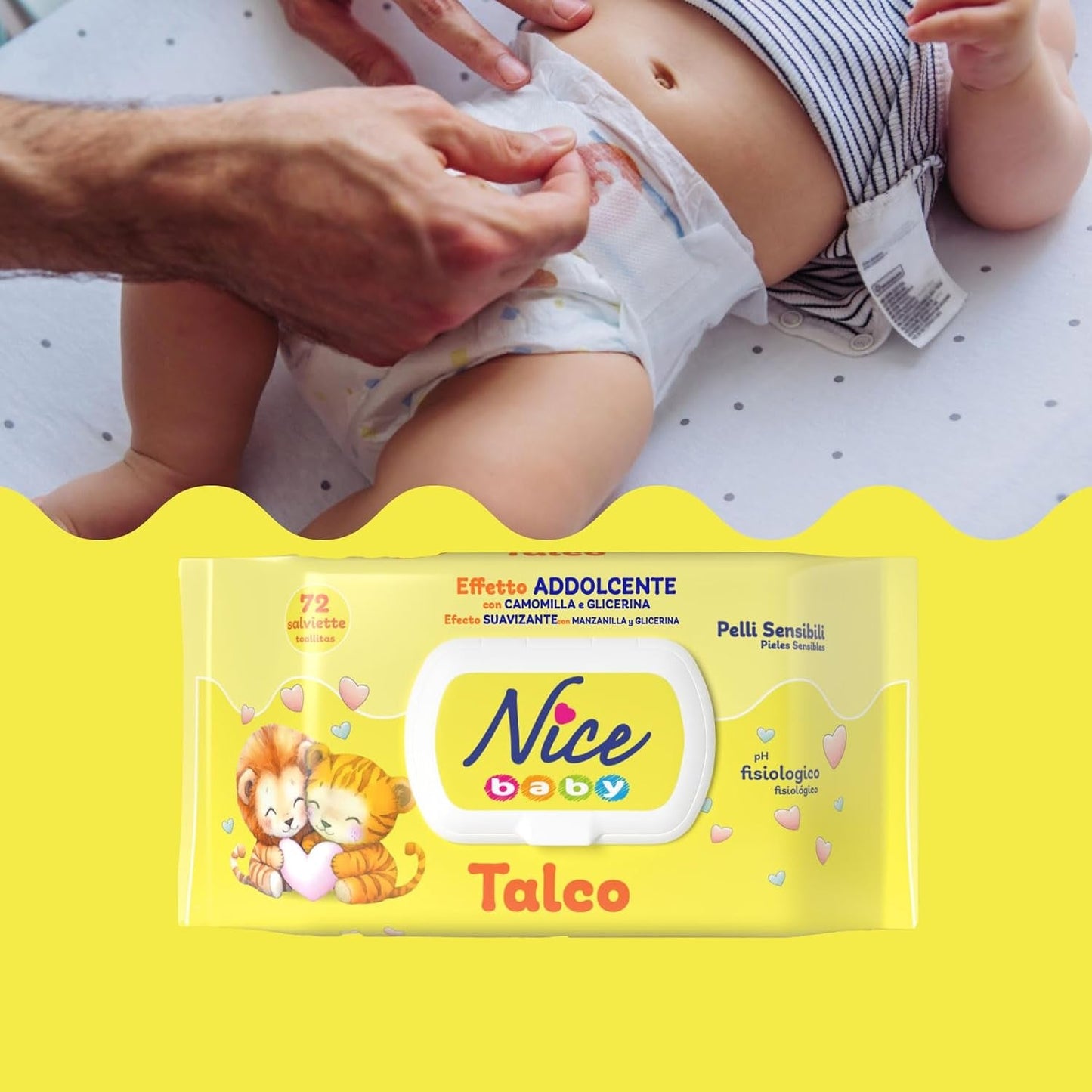 NICE Baby-Feuchttücher, 72 Stück, mit Deckel, Talkum-Duft, natürliche Materialien, sanfte Reinigung für Babys, 1 Stück