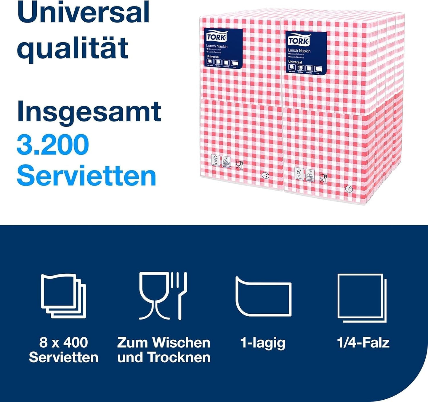 Tork Bistrored Lunchserviette, 1/4-Faltung, 1-lagig, 33 cm × 33 cm, 8 × 400 Servietten, 509359