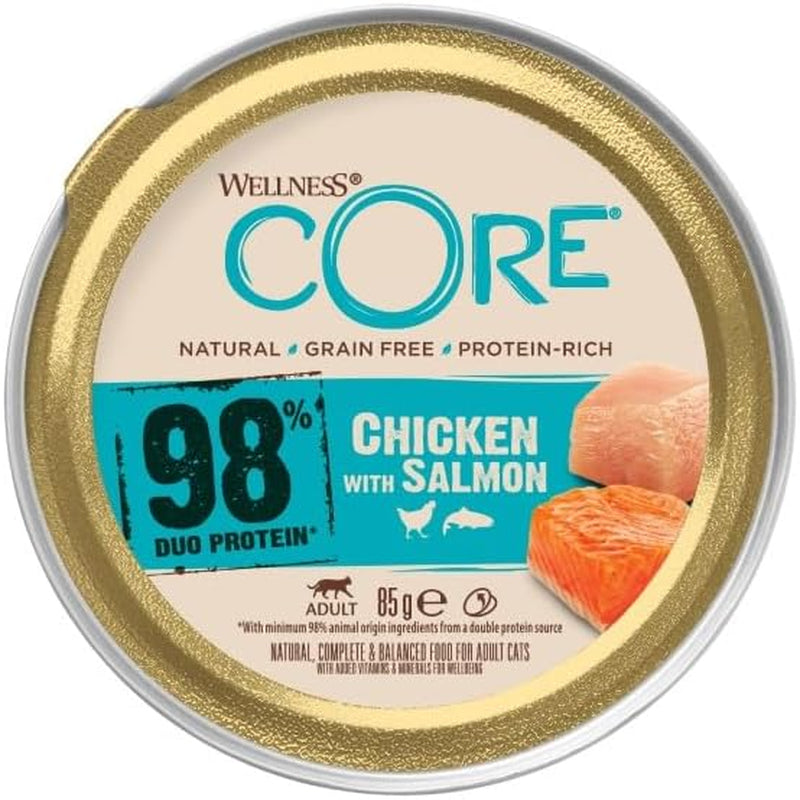 Wellness CORE 98 % 12 x 85 g, Huhn und Lachs – Nassfutter für Katzen, dicke Pastete, getreidefrei, natürlich, hypoallergen, proteinreich, reich an Fleisch