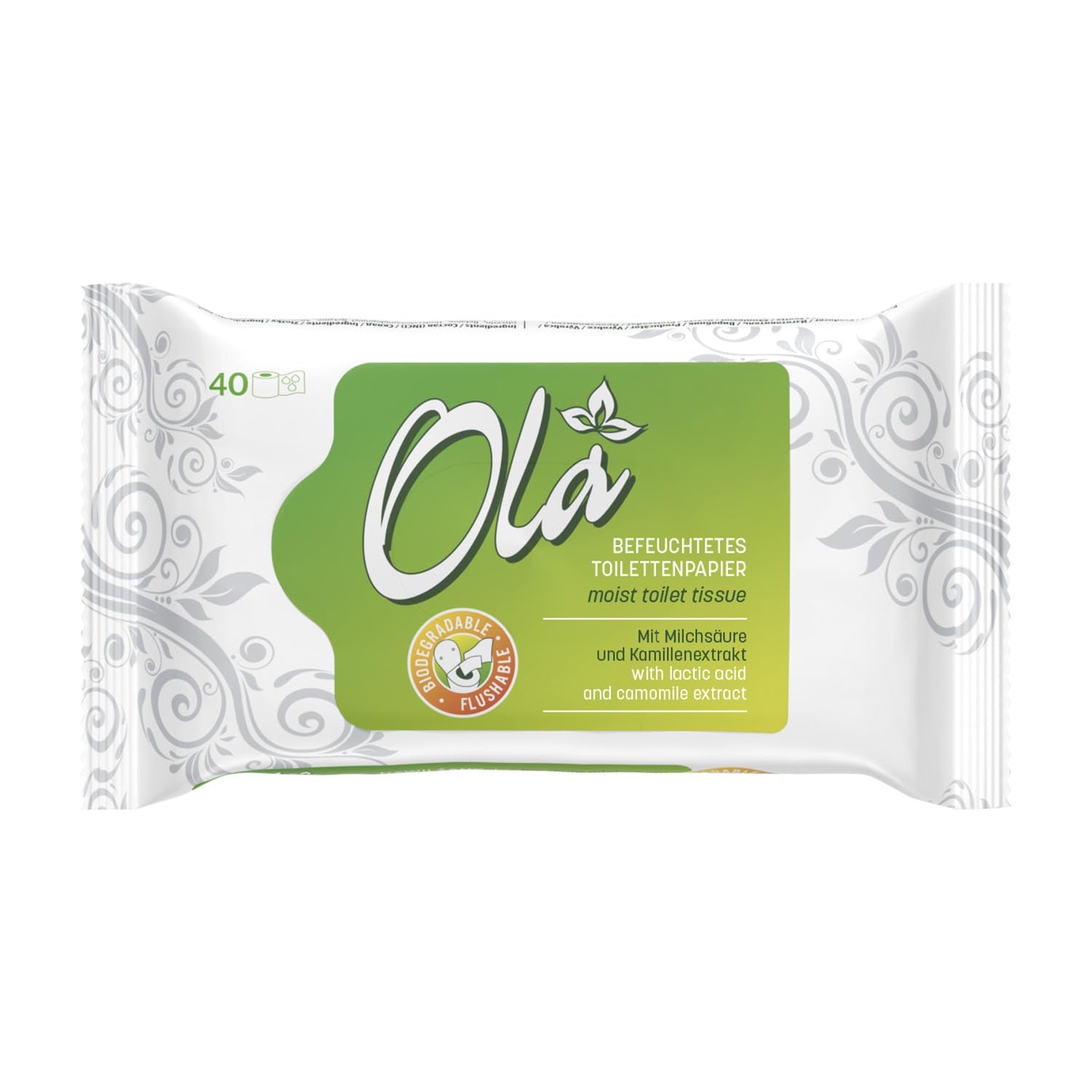 OLA Nasses Toilettenpapier – (1X40 Stück) Feuchttücher – Kamillenextrakt und Milchsäure, waschbar, empfindliche Haut – 40 Stück