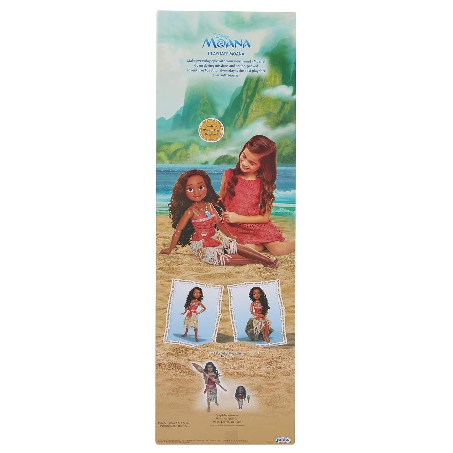 Disney Prinzessin Moana, 80 cm große Spielpuppe von Jakks Pacific, bewegliche Puppe mit Bürste zum Kämmen ihrer gewellten Locken, vom Film inspiriertes Kleid, abnehmbare Anhänger-Halskette, Puppen, Naty Shop