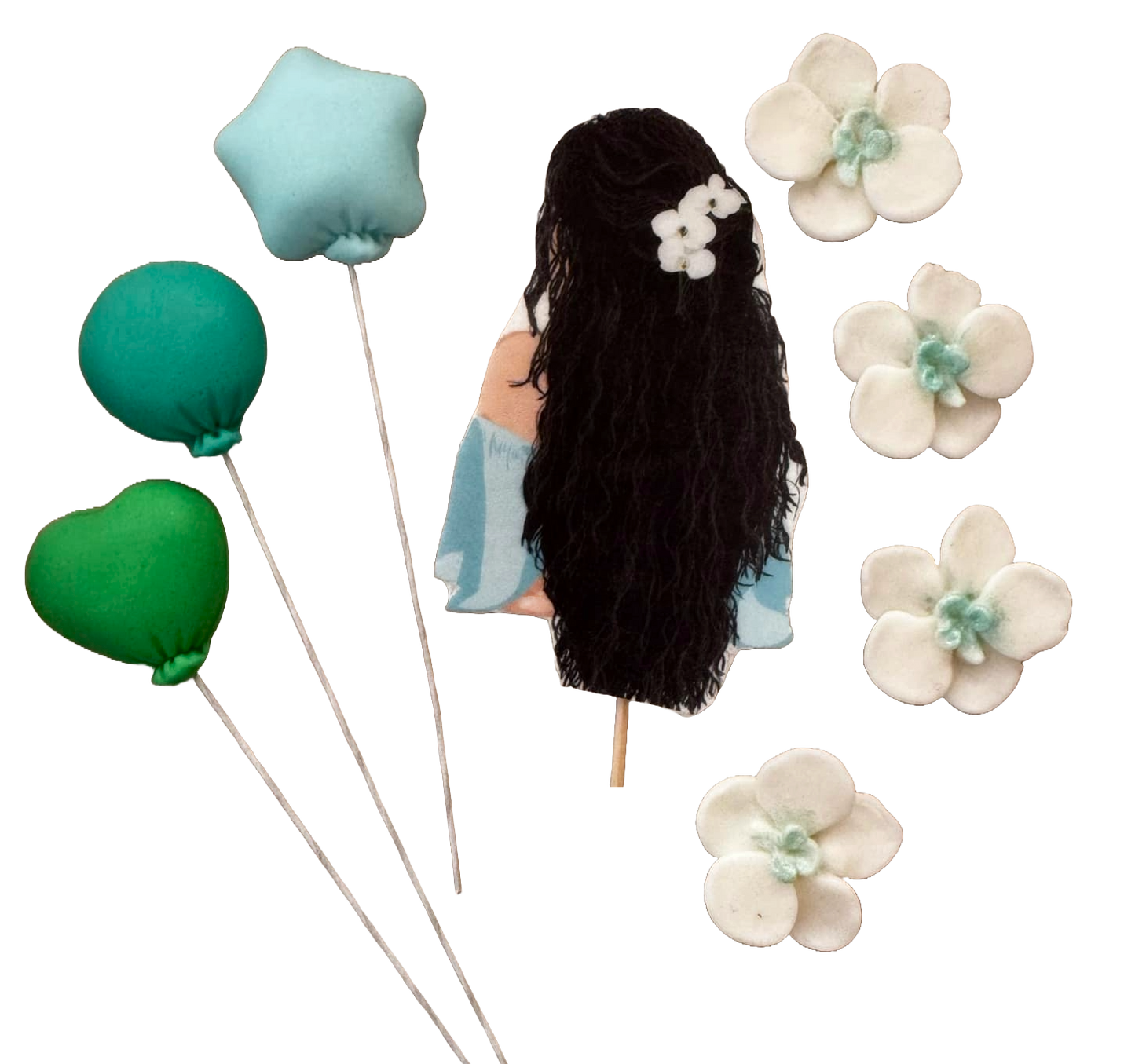 Set mit 8 essbaren Dekorationen aus Zuckerpaste, schöne Dame, schwarzes Haar. Dekorationen aus Zuckerpaste, Naty Shop